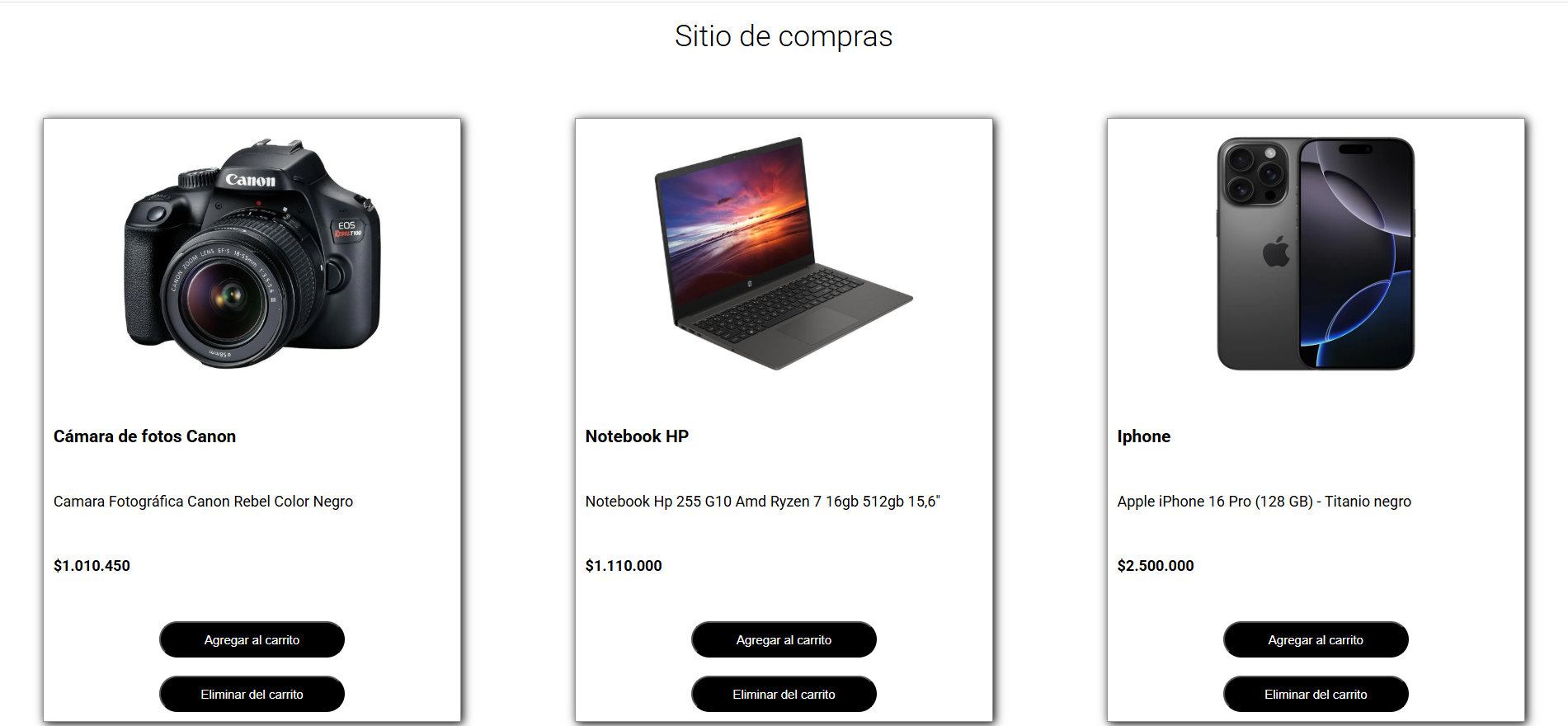 Captura de pantalla del proyecto Primer Carrito